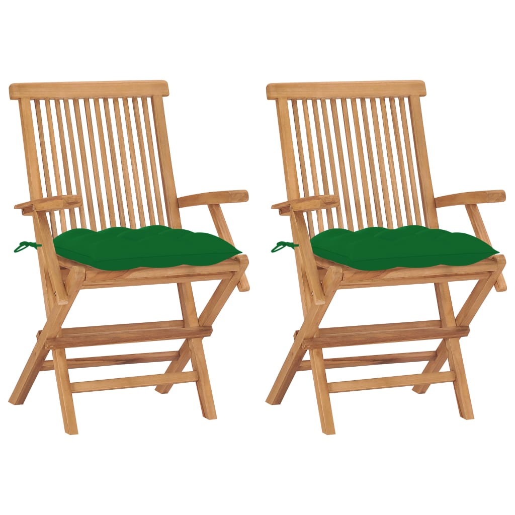 vidaXL Garden Chairs with Green Cushions 2 pcs. Solid Teak Wood