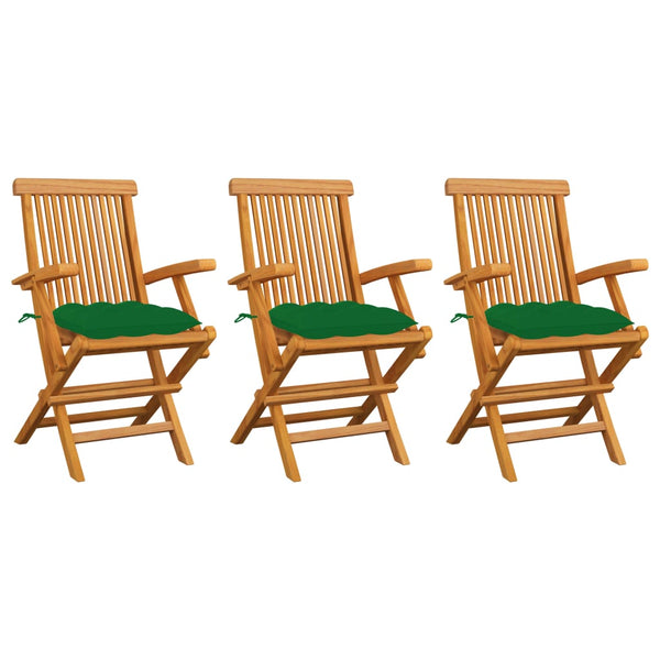 vidaXL Garden Chairs with Green Cushions 3 pcs. Solid Teak Wood