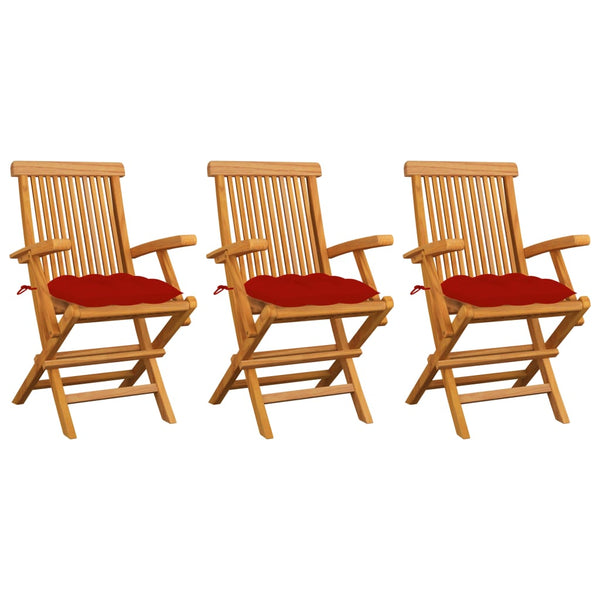 vidaXL Garden Chairs with Red Cushions 3 pcs. Solid Teak Wood
