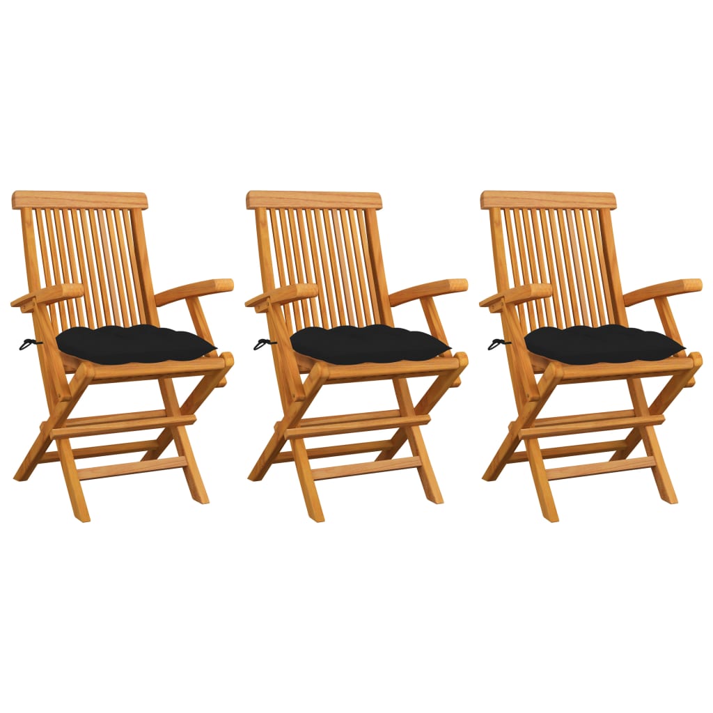 vidaXL Garden Chairs with Black Cushions 3 pcs. Solid Teak Wood