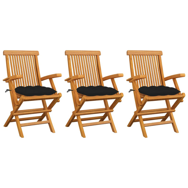 vidaXL Garden Chairs with Black Cushions 3 pcs. Solid Teak Wood
