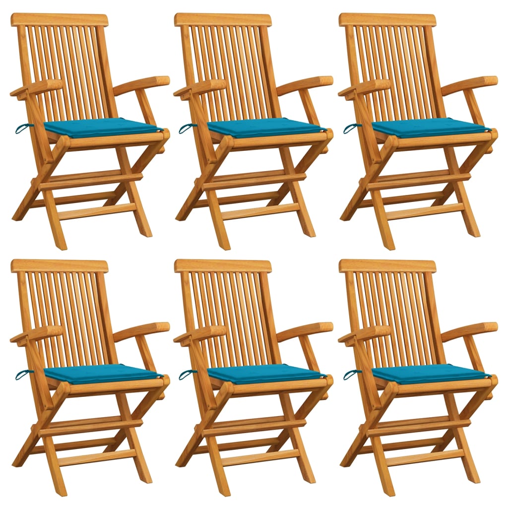 vidaXL Teak Solid Wood Garden Chairs with Blue Cushions 6 pcs.