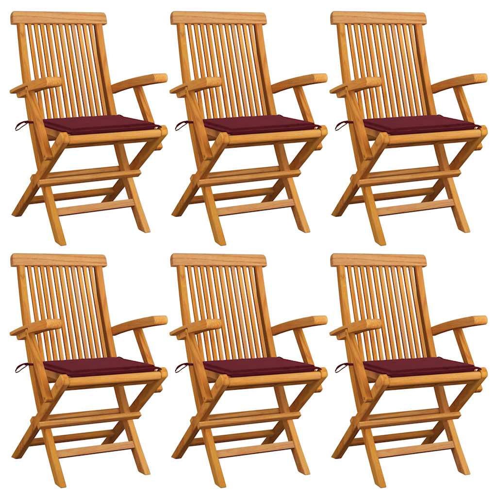 vidaXL Teak Solid Wood Garden Chairs with Burgundy Cushions 6 pcs.