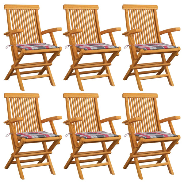 vidaXL Garden Chairs Red Gingham Cushions 6 pcs Solid Teak Wood
