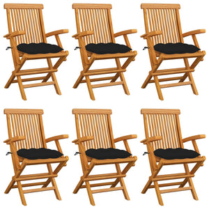 vidaXL Teak Solid Wood Garden Chairs with Black Cushions 6 pcs.