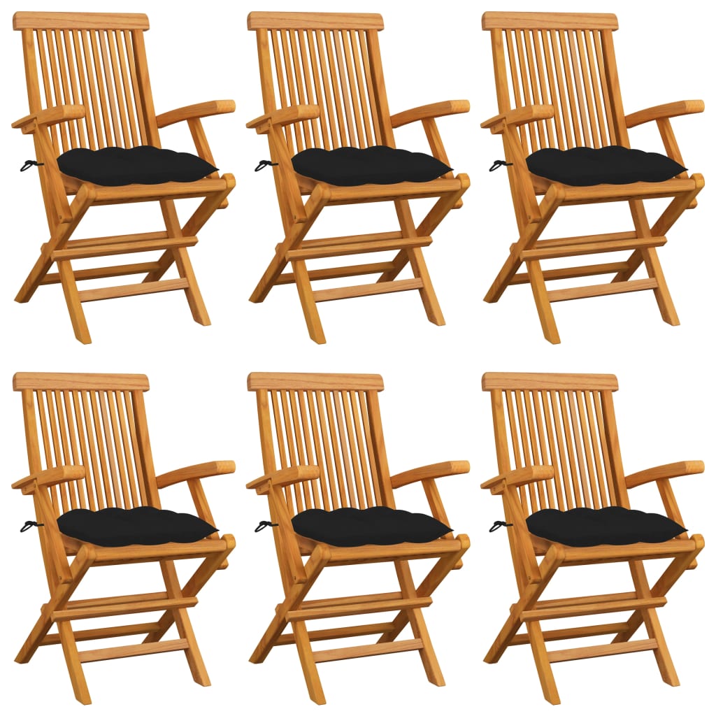 vidaXL Teak Solid Wood Garden Chairs with Black Cushions 6 pcs.