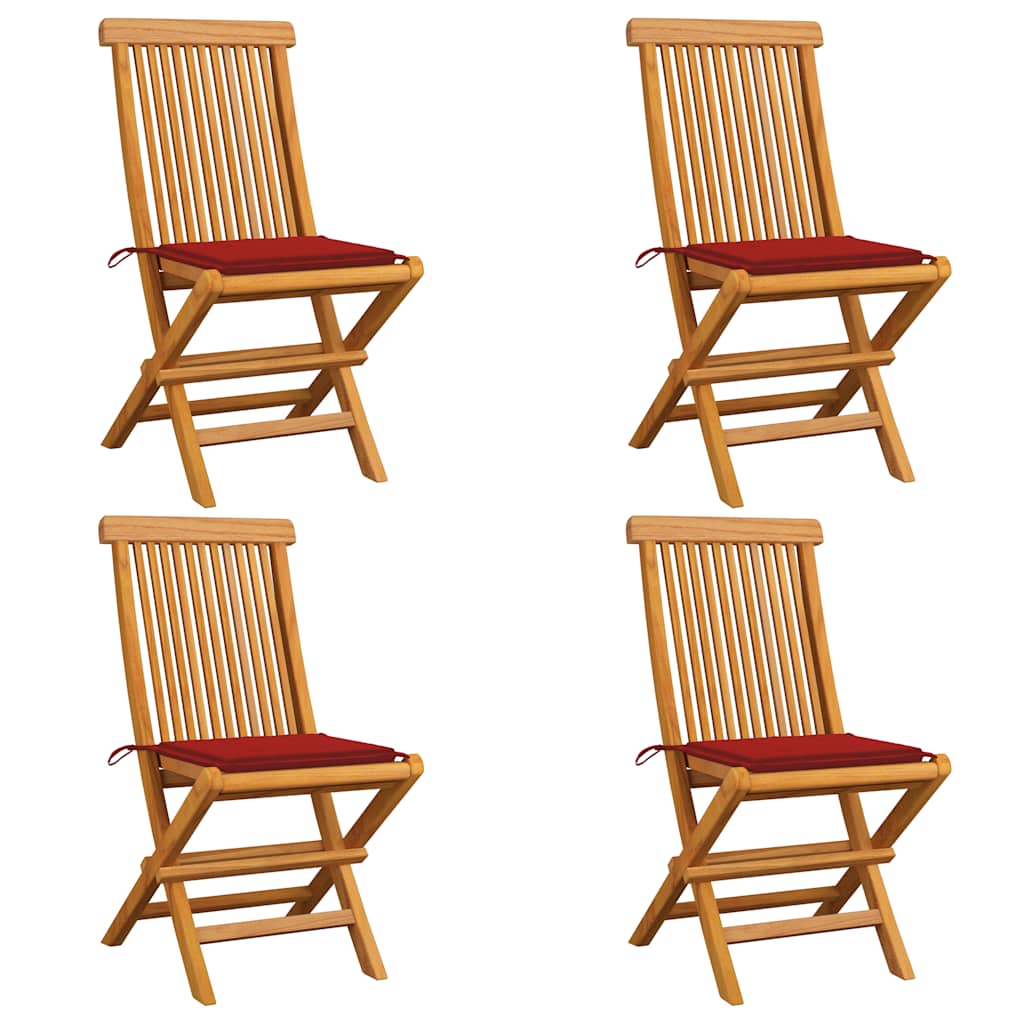 vidaXL Garden Chairs with Red Cushions 4 pcs. Solid Teak Wood