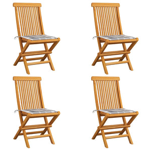 vidaXL Garden Chairs Grey Plaid Cushions 4 pcs. Solid Teak Wood
