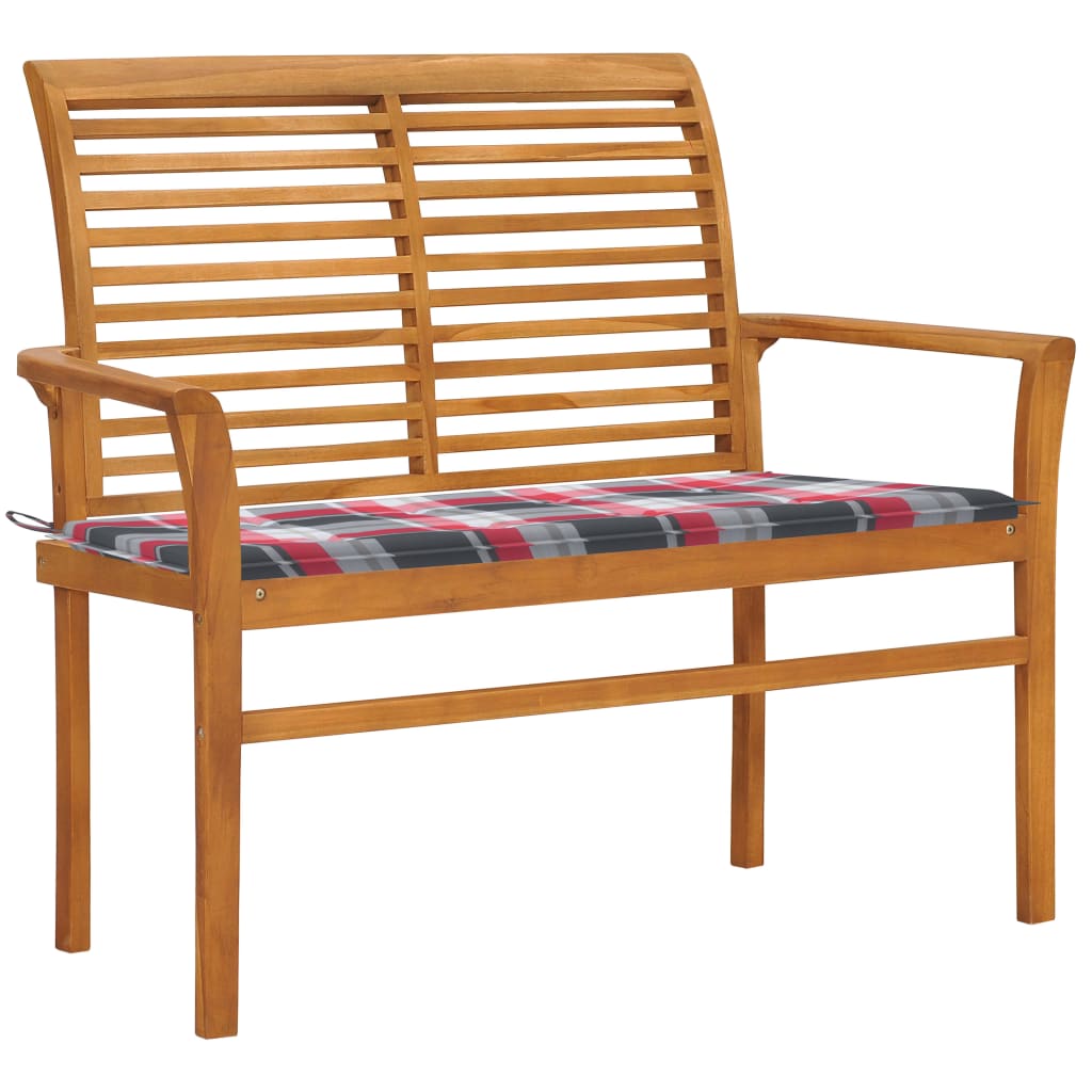 vidaXL Garden Bench Red Gingham Cushion 112 cm Solid Teak Wood
