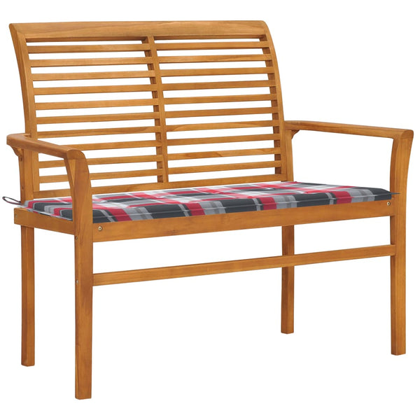 vidaXL Garden Bench Red Gingham Cushion 112 cm Solid Teak Wood
