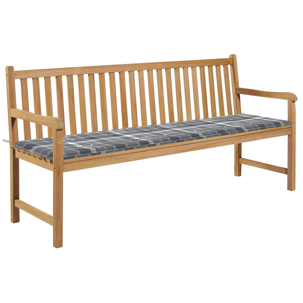 vidaXL Garden Bench Gray Plaid Cushion 175 cm Solid Teak Wood