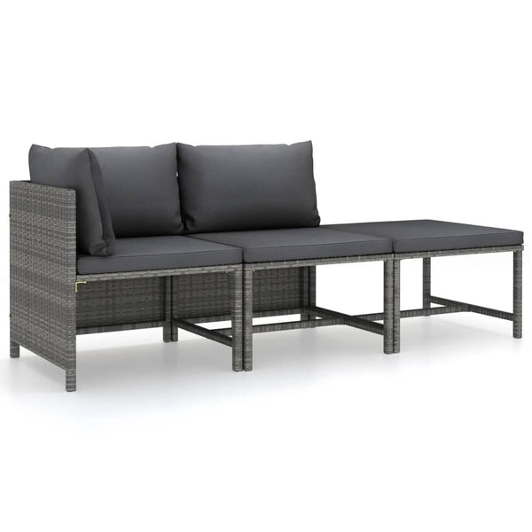 vidaXL 3-Piece Garden Lounge Set with Cushions Poly Rattan Grey