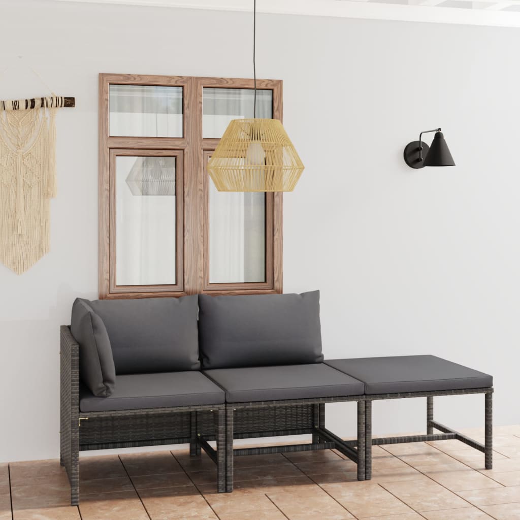 vidaXL 3-Piece Garden Lounge Set with Cushions Poly Rattan Grey