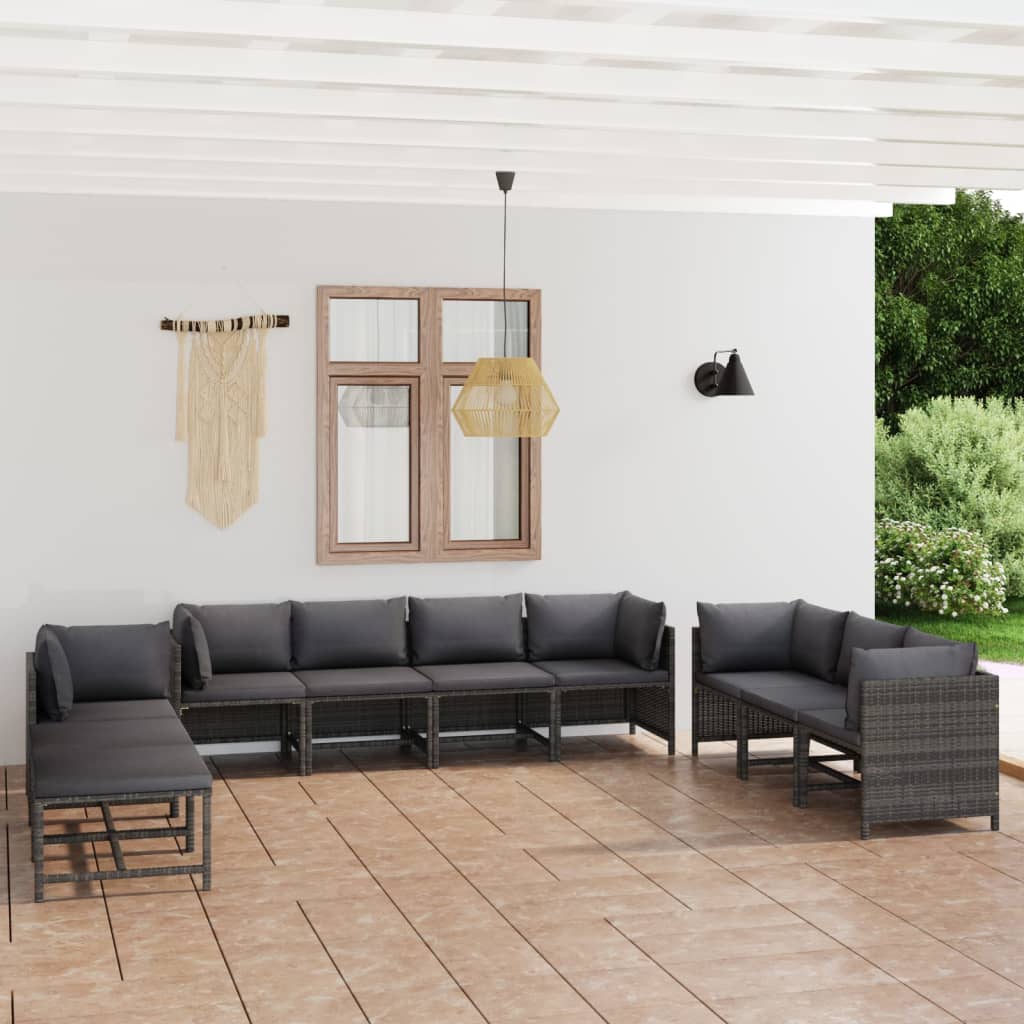 vidaXL 10-piece Garden Lounge Set with Cushions Poly Rattan Grey