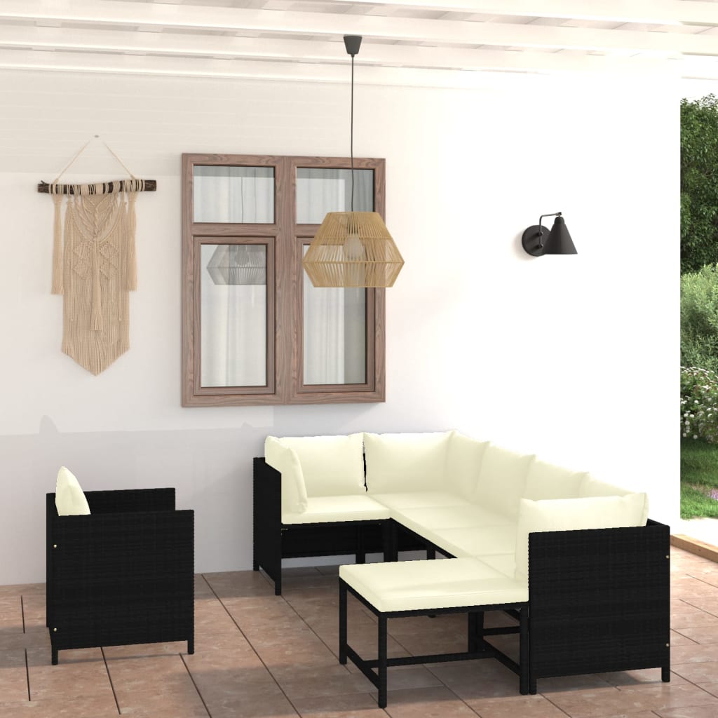 vidaXL 7-Piece Garden Lounge Set with Cushions Poly Rattan Black