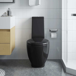 vidaXL WC Ceramic Toilet Bathroom Round Vertical Outlet Black