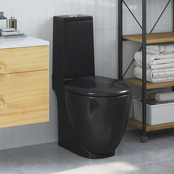 vidaXL WC Ceramic Toilet Bathroom Round Vertical Outlet Black