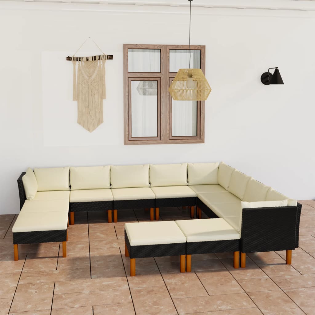 vidaXL 12-Piece Garden Lounge Set with Cushions Poly Rattan Black