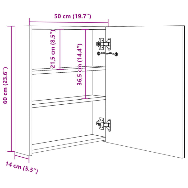 vidaXL LED Bathroom Mirror Cabinet White and Oak Look 50x14x60 cm