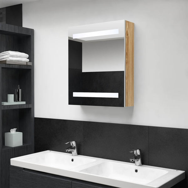 vidaXL LED Bathroom Mirror Cabinet White and Oak Look 50x14x60 cm