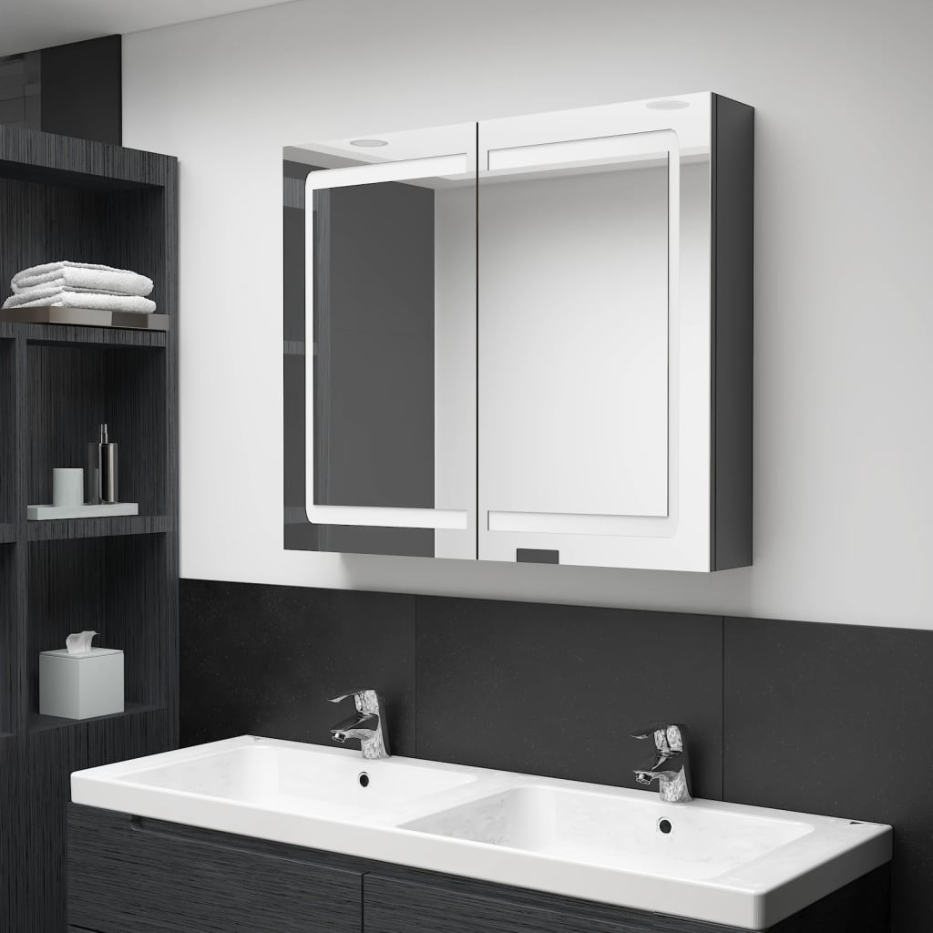 vidaXL LED Bathroom Mirror Cabinet High Gloss Grey 80x12x68 cm