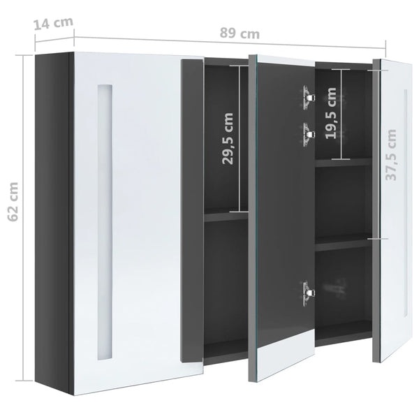 vidaXL LED Bathroom Mirror Cabinet 89x14x62 cm Glossy Grey