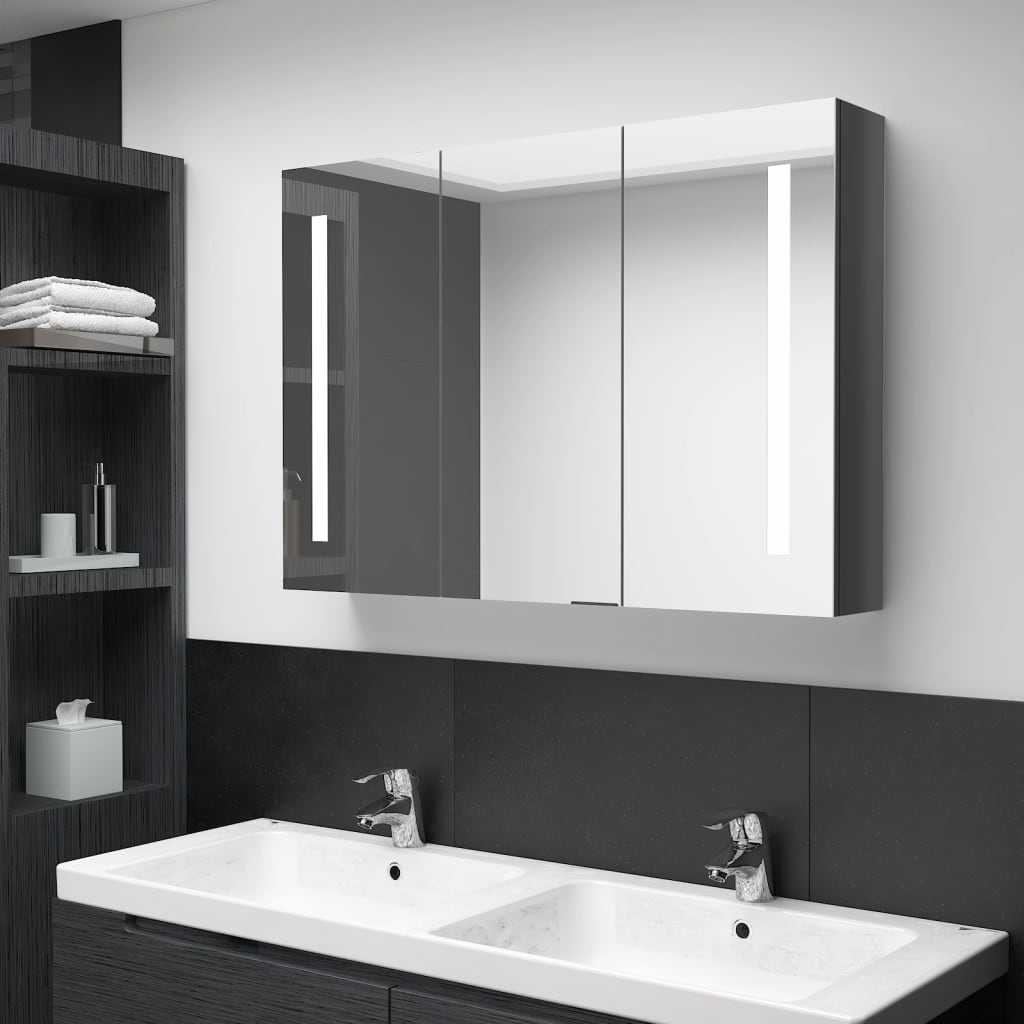 vidaXL LED Bathroom Mirror Cabinet 89x14x62 cm Glossy Grey