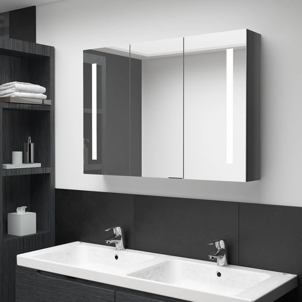 vidaXL LED Bathroom Mirror Cabinet 89x14x62 cm Glossy Grey