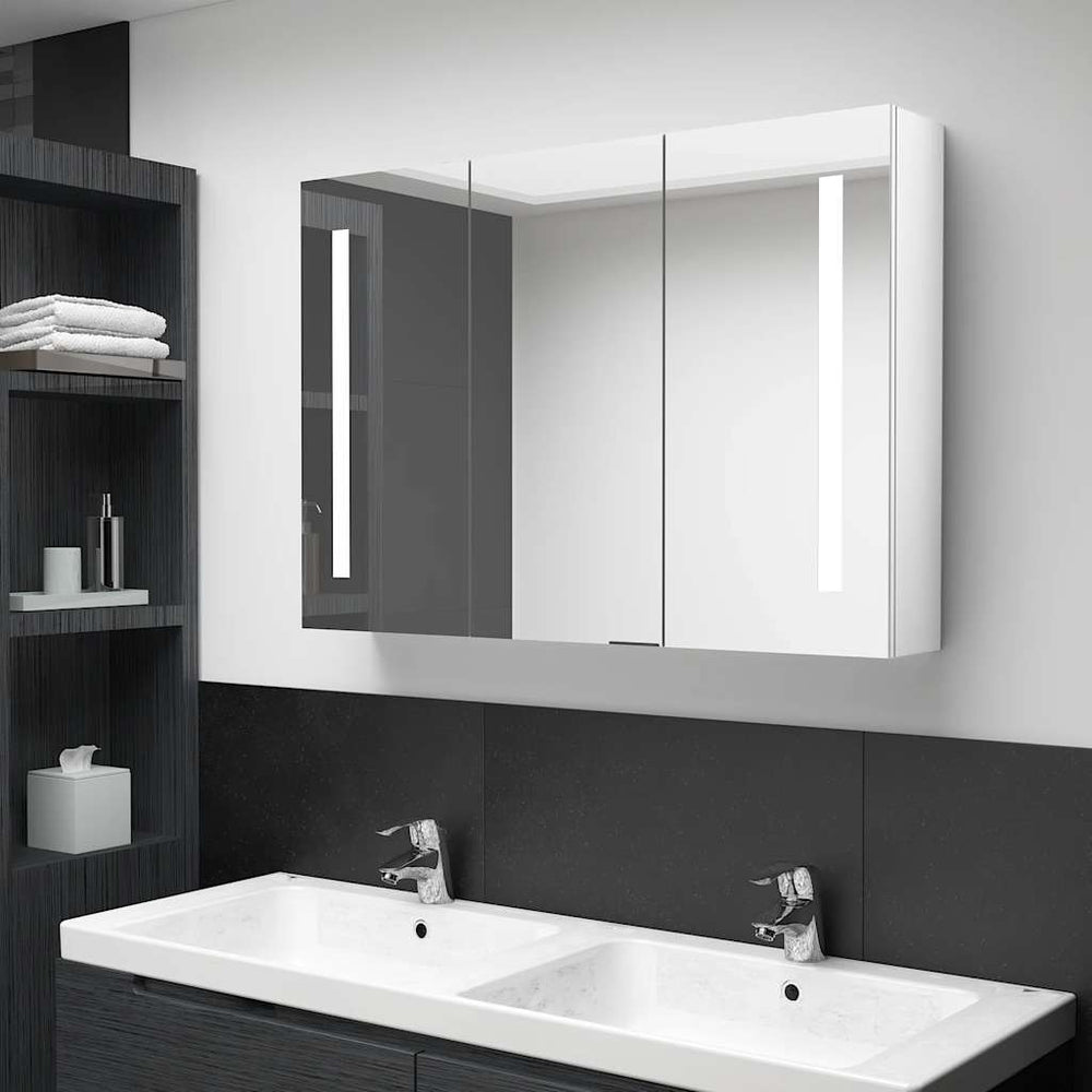 vidaXL LED Bathroom Mirror Cabinet 89x14x62 cm Glossy White