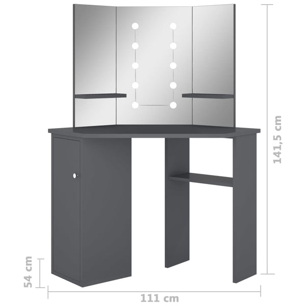 vidaXL Corner Dressing Table with LED Grey 111x54x141.5 cm