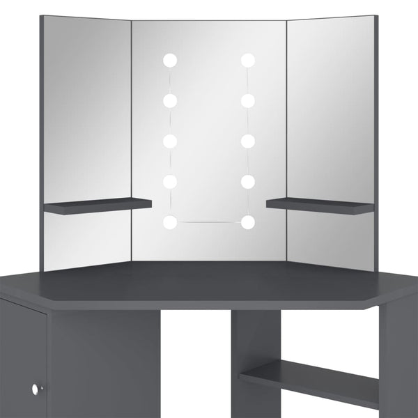 vidaXL Corner Dressing Table with LED Grey 111x54x141.5 cm