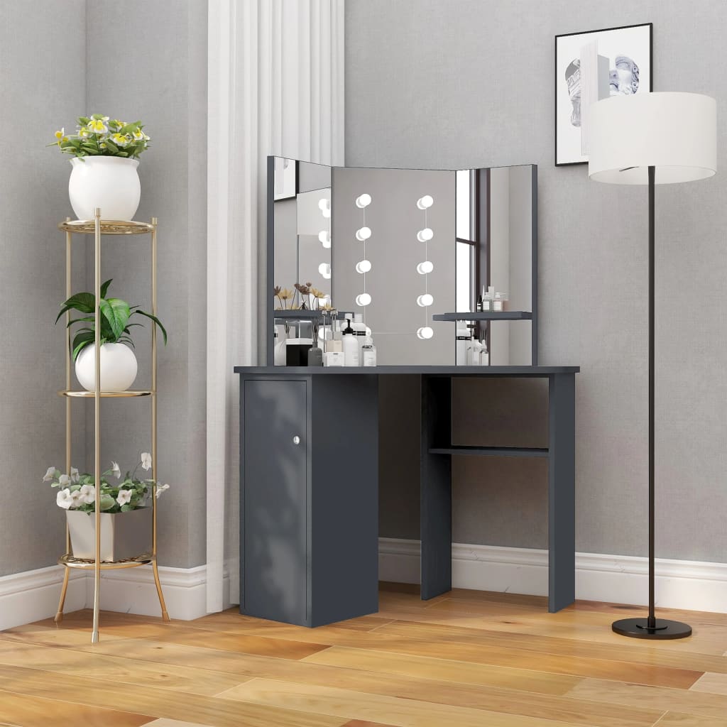vidaXL Corner Dressing Table with LED Grey 111x54x141.5 cm