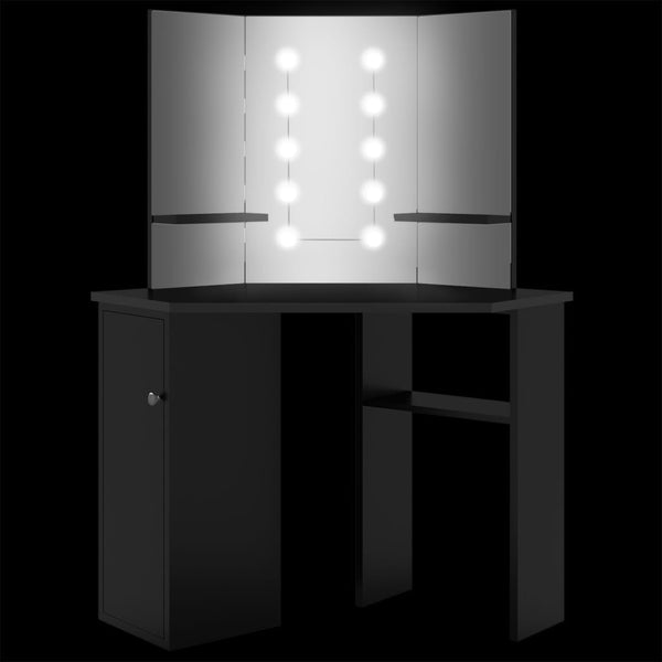 vidaXL Corner Dressing Table with LED Black 111x54x141.5 cm