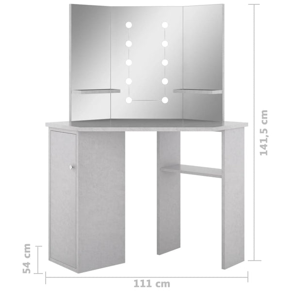 vidaXL Corner Dressing Table with LED Concrete Grey 111x54x141.5 cm