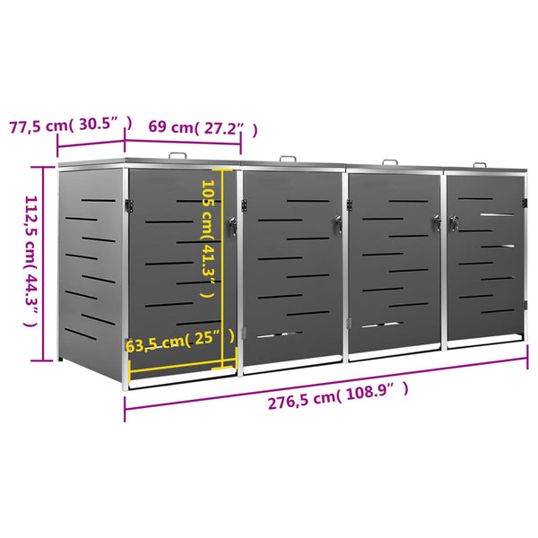 vidaXL Wheelie Bin Storage for 4 Bins 276.5x77.5x115.5 cm Stainless Steel
