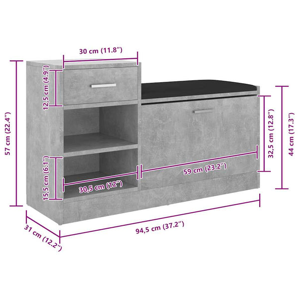 vidaXL Shoe Bench Concrete Grey 94.5x31x57 cm Engineered Wood