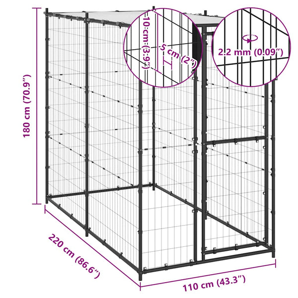 vidaXL Outdoor Steel Dog Kennel with Roof 110x220x180 cm