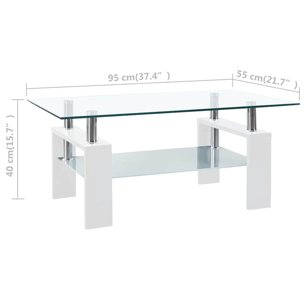 vidaXL Coffee Table White Transparent 95x55x40 cm Tempered Glass