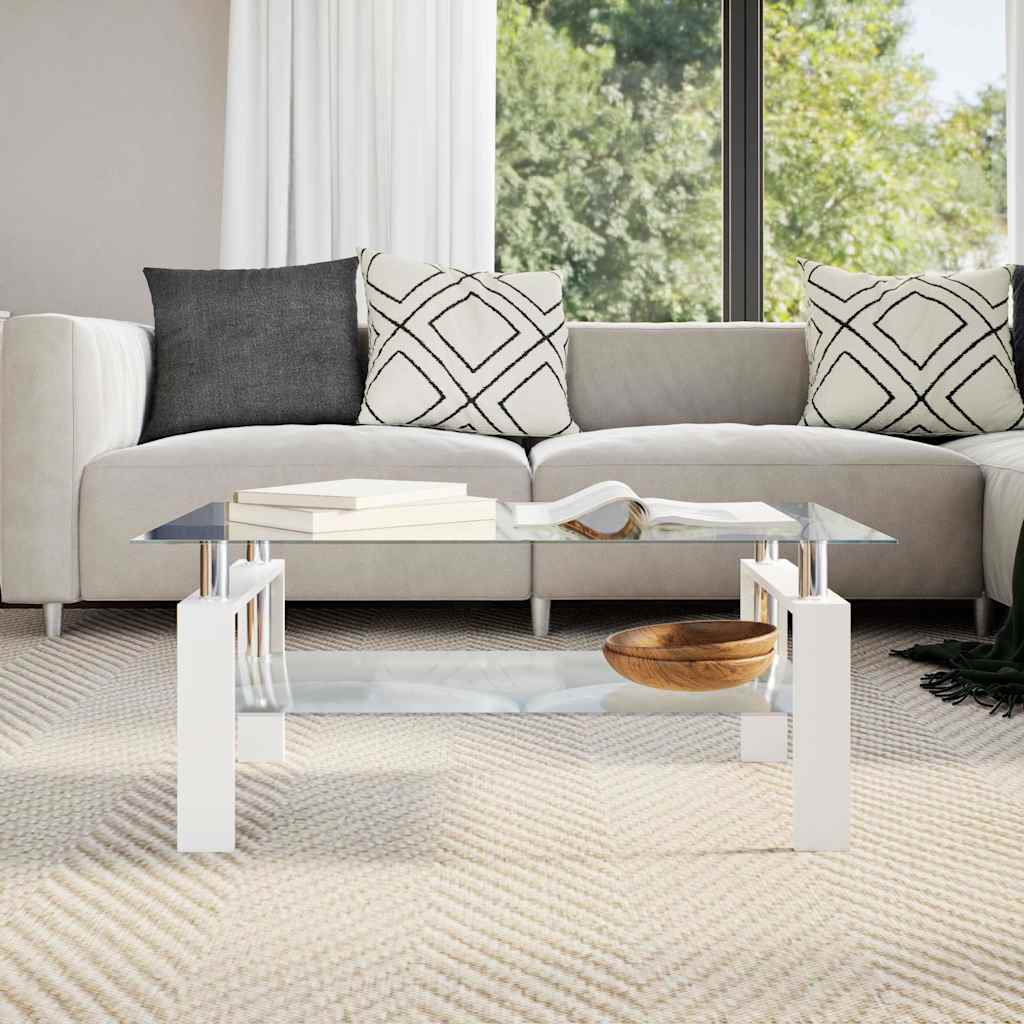 vidaXL Coffee Table White Transparent 95x55x40 cm Tempered Glass