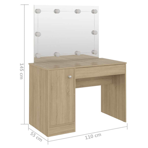 vidaXL Dressing Table with LED Lighting 110x55x145 cm MDF Oak Look