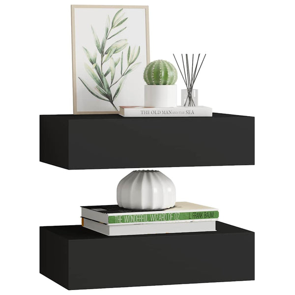 vidaXL Wall Shelves with Drawers 2 pcs Black 40x23.5x10 cm MDF