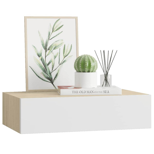 vidaXL Wall-Mounted Drawer Shelf Oak and White 40 x 23.5 x 10 cm MDF
