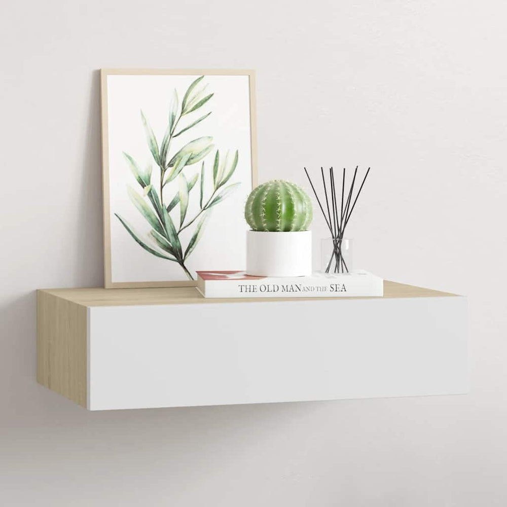vidaXL Wall-Mounted Drawer Shelf Oak and White 40 x 23.5 x 10 cm MDF