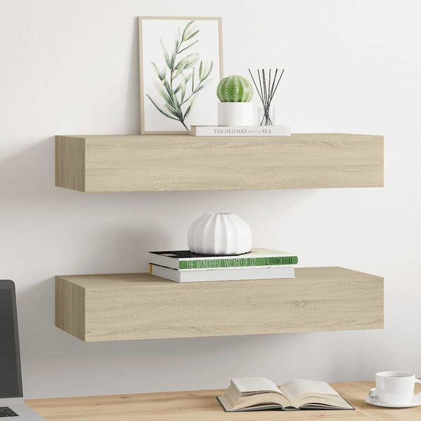 Wandregale mit Schubladen, Eichenoptik, 2er Set