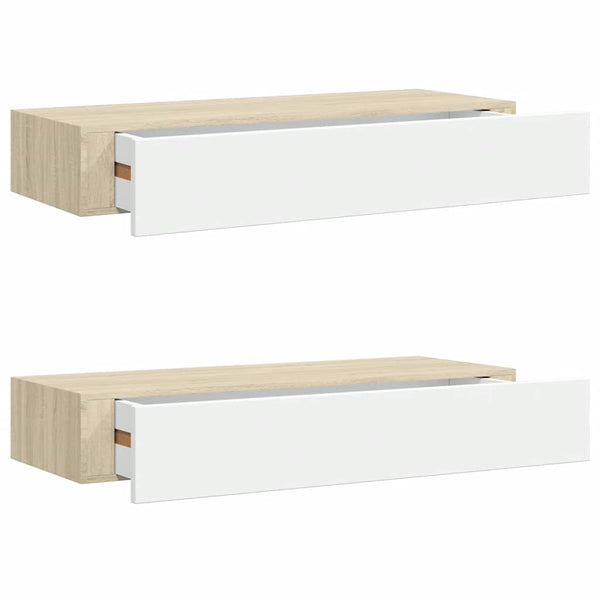 Wandregale mit Schubladen, 2er Set, Eiche/Weiß