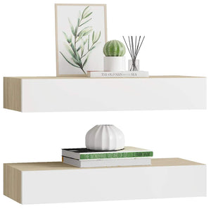 Wandregale mit Schubladen, 2er Set, Eiche/Weiß