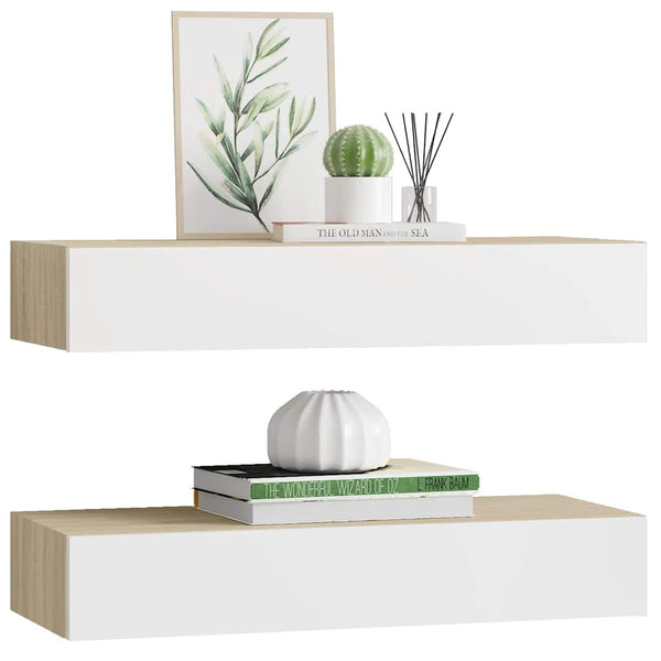 Wandregale mit Schubladen, 2er Set, Eiche/Weiß