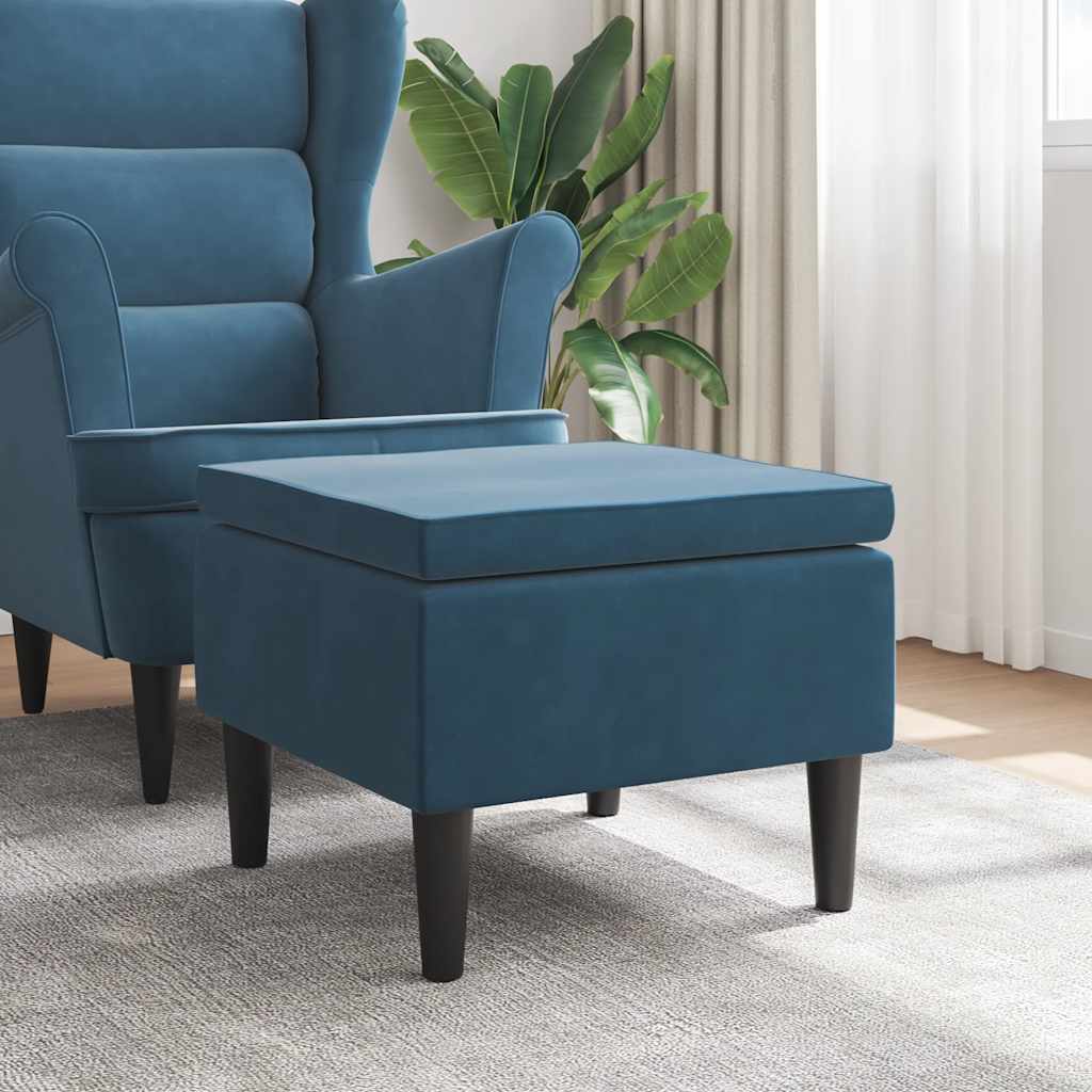 Blauer Samt Hocker mit Holzbeinen