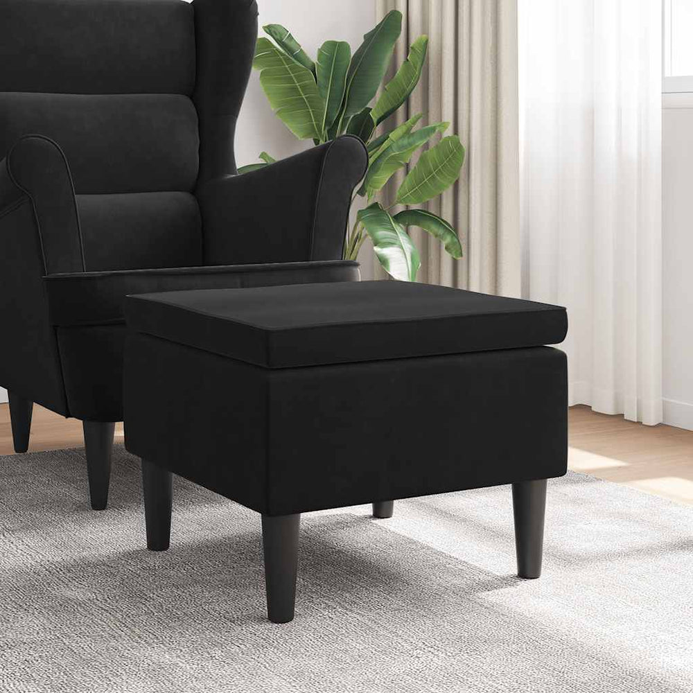 Schwarzer Samt Hocker mit Holzbeinen