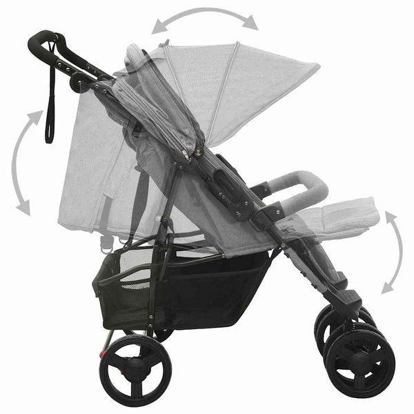 vidaXL Tandem Stroller Light Grey Steel